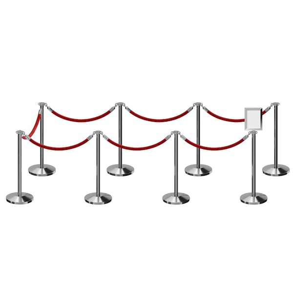 Montour Line Stanchion Post and Rope Kit Pol.Steel, 8FlatTop 7RedRope 8.5x11V Sign C-Kit-7-PS-FL-1-Tapped-1-8511-V-7-ER-RD-PS - main